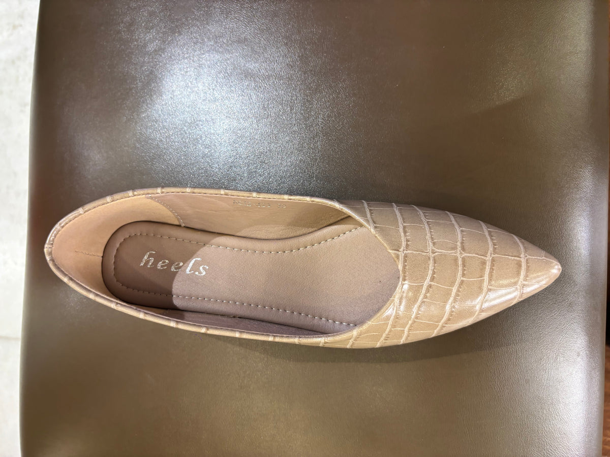 Chloe Croco Pointed Mid Heel Ballerinas in Khaki - The Heels India