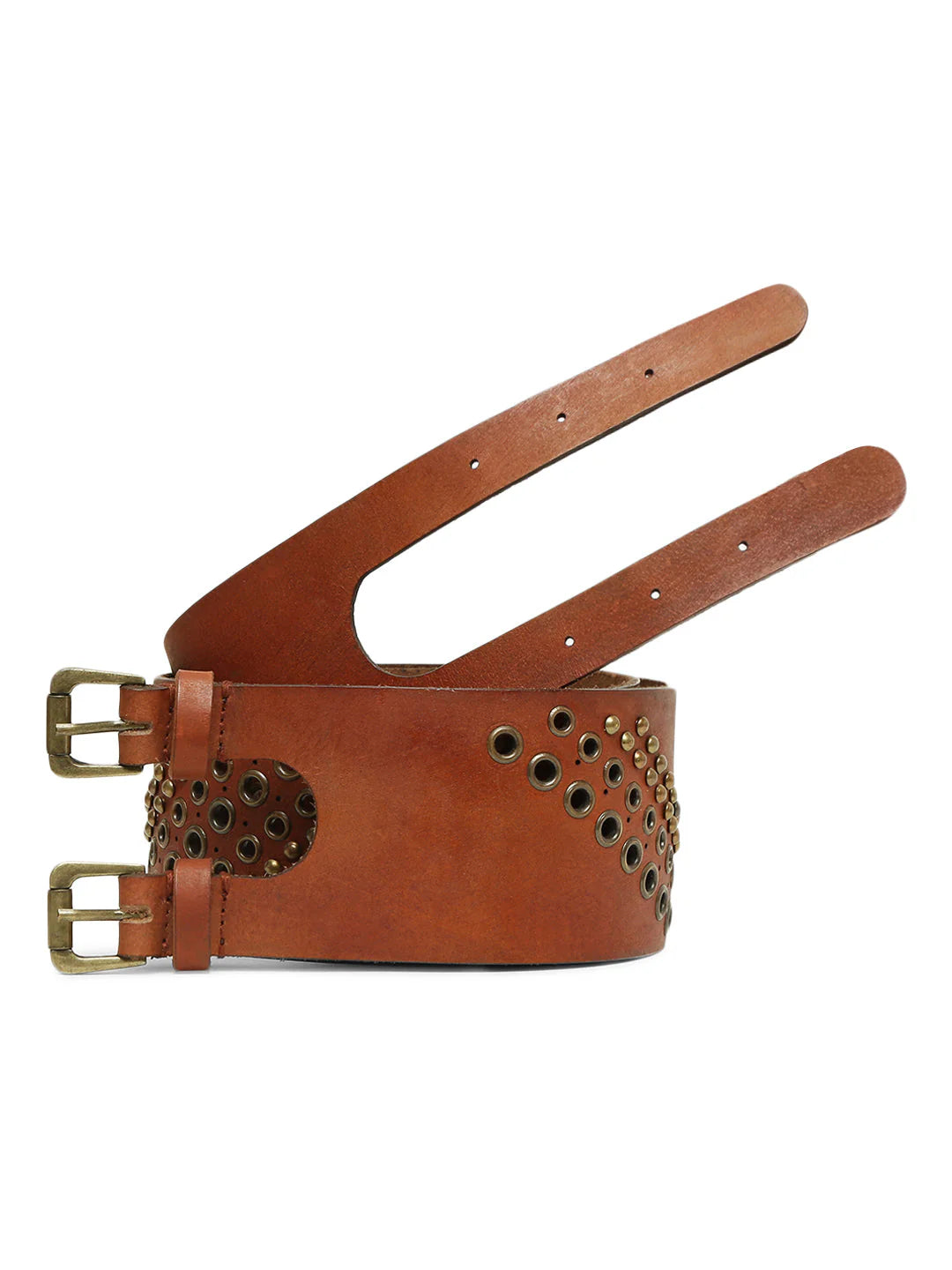 Tan Studded Genuine Leather Belt For Women