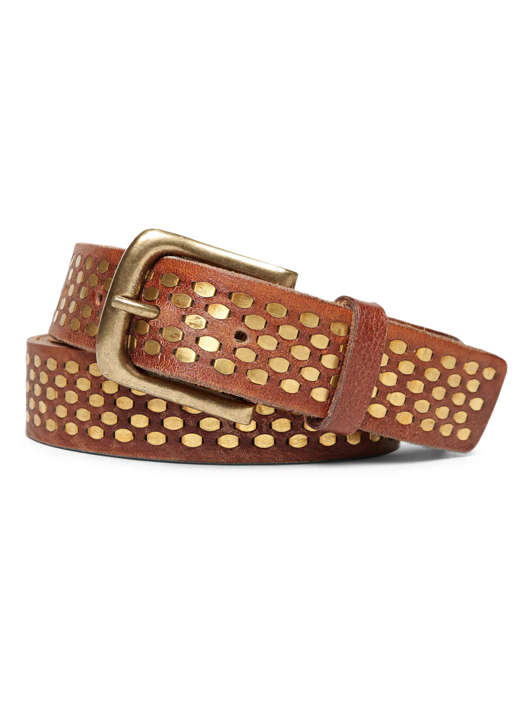 Cognac Genuine Leather Belt With Golden Catcher Rivet Design