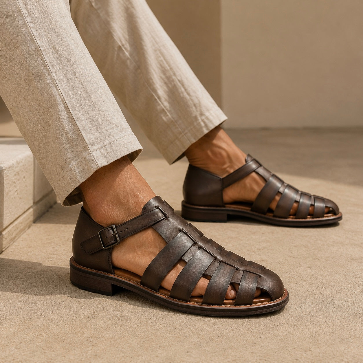 Romano Woven Leather Cage Sandals