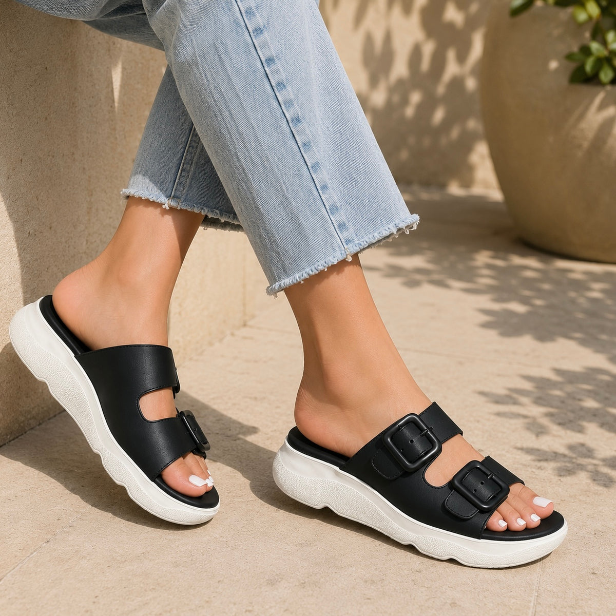 Suzy Lite Comfort Chunky Summer Slippers in Black - The Heels India