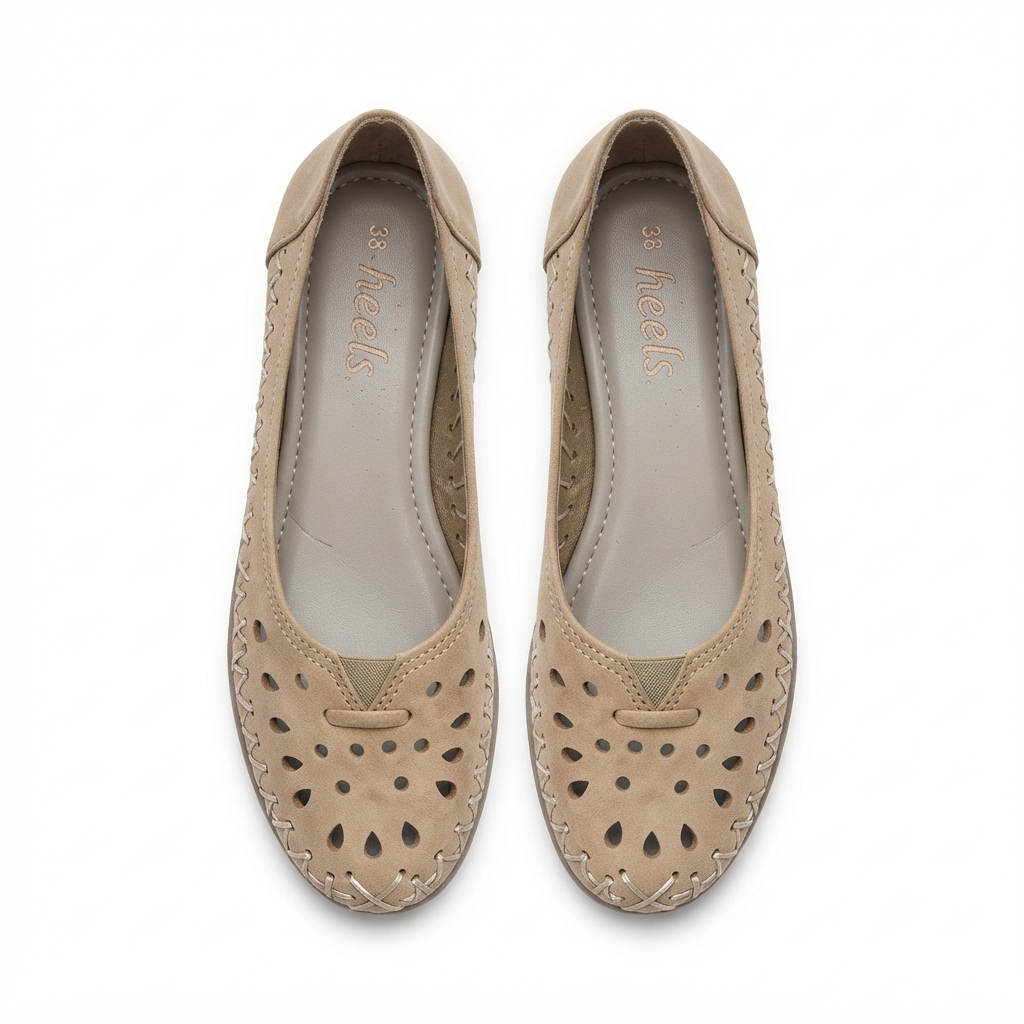Lynda Nubuk Perforated Leather Ballerinas in Chikoo - The Heels India