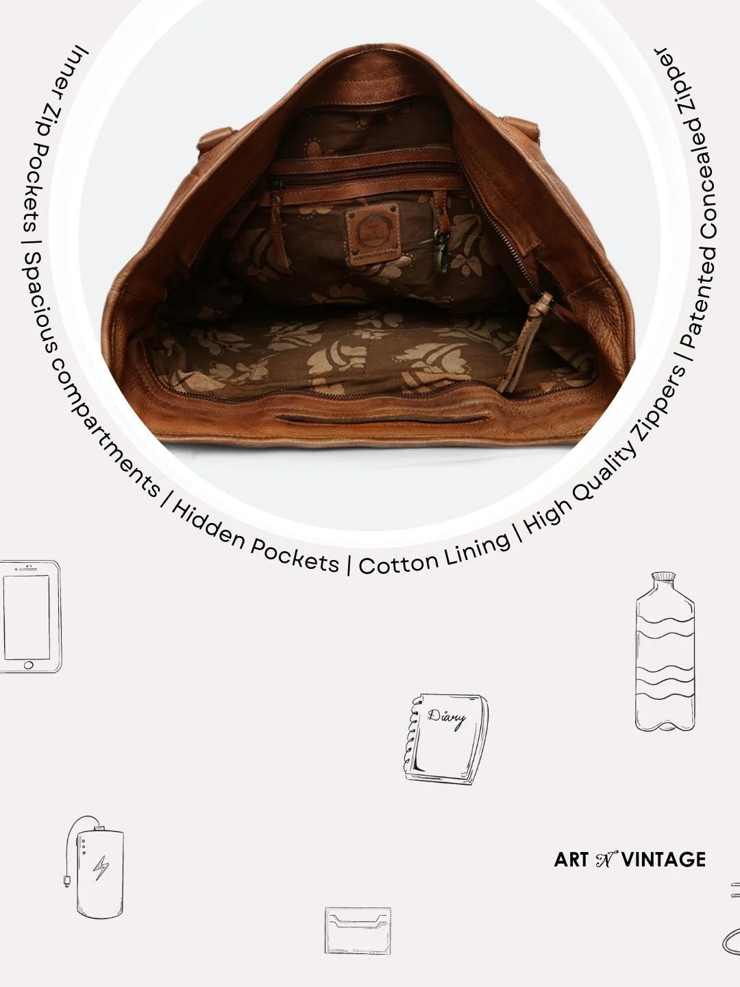 Genuine Cognac Leather Tote Bag with Patch Work