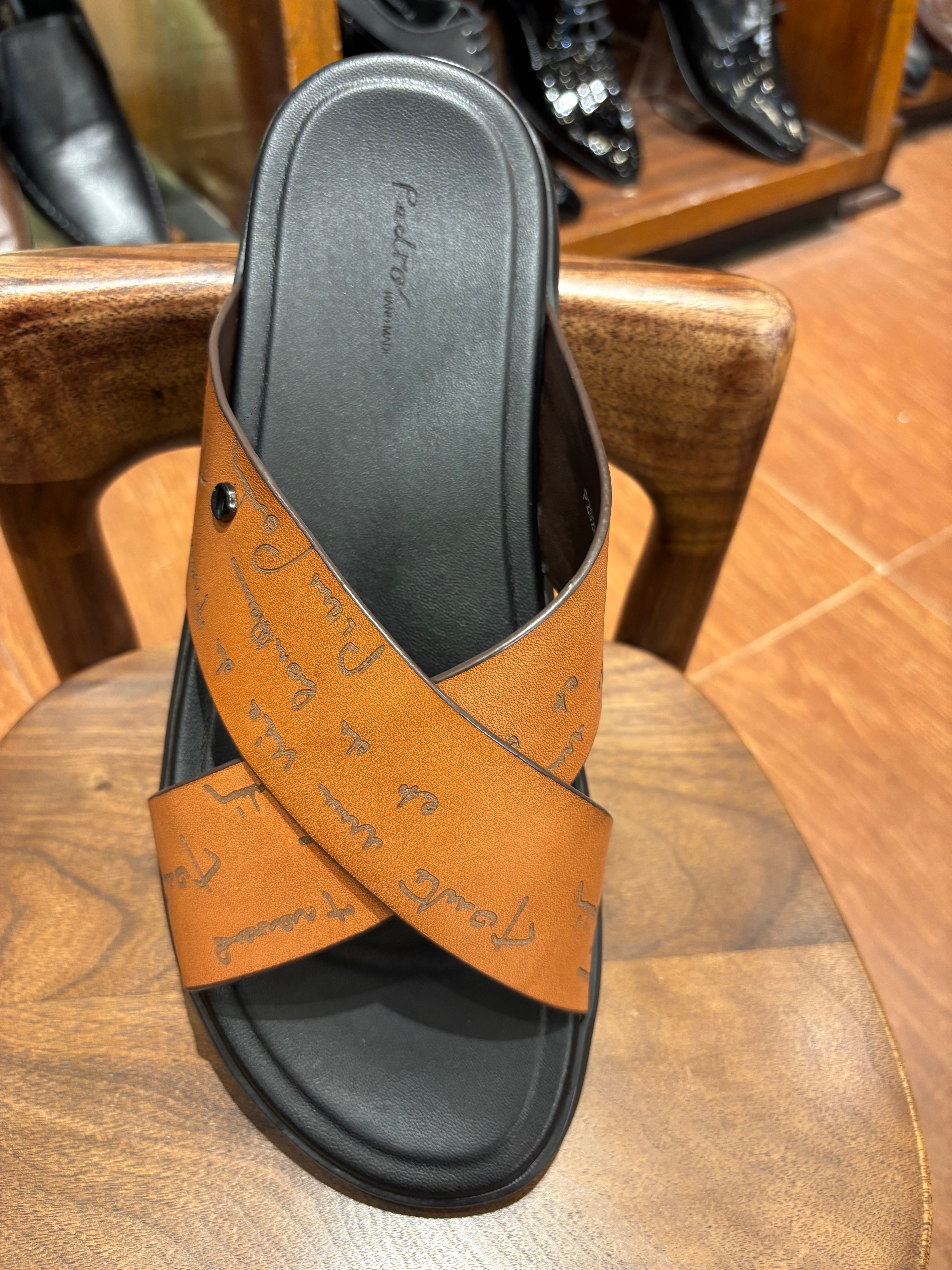 Lucas Premium Engraved Leather Double Strap Cross Slippers