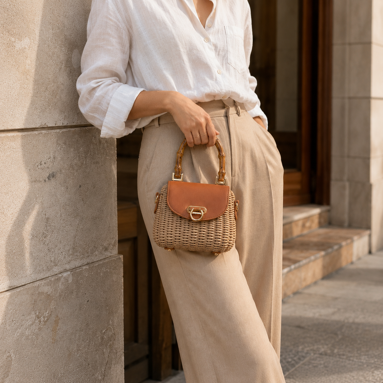 Wooden Handle Boho Straw Sling Bags