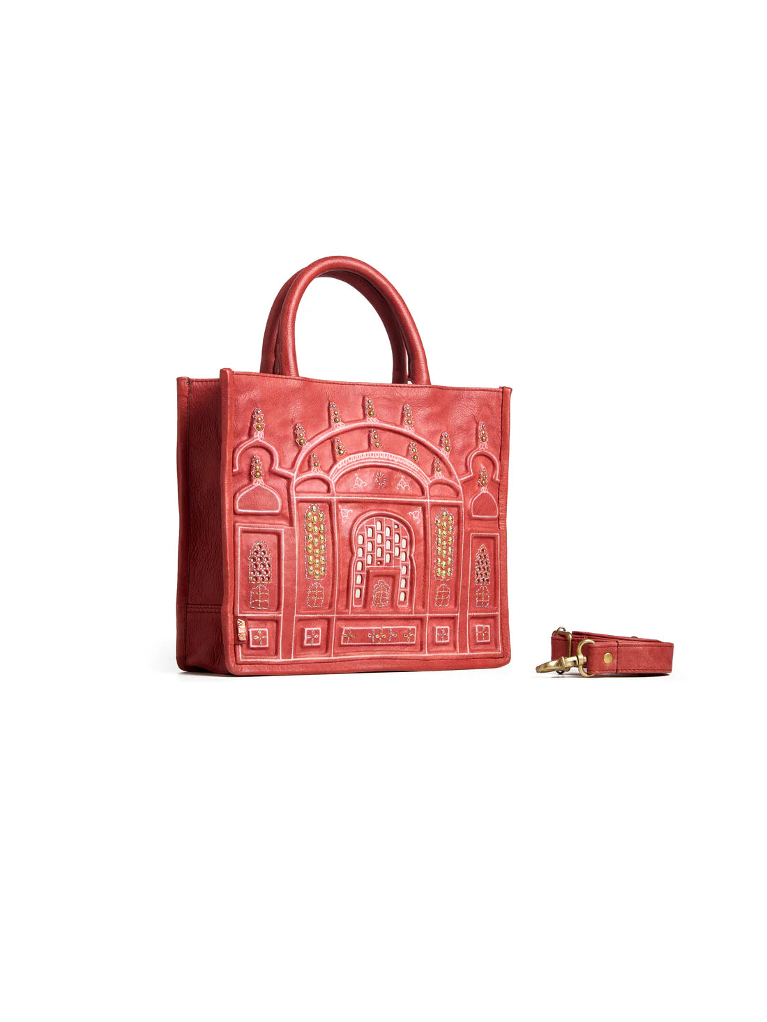 Hawa Mahal Embossed Leather Tote Bag - Vibrant Red