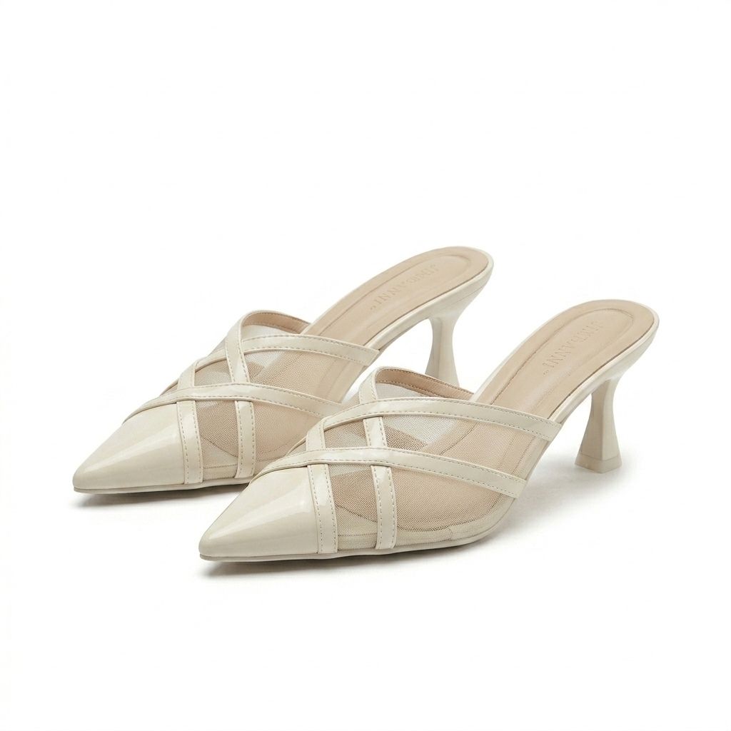 Audrey Criss Cross Back Open Mesh Patent Kitten Heel Mules