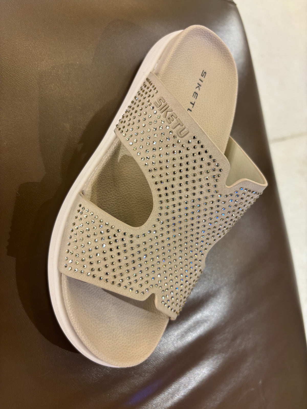 Ivoretta Bling Cushioned Chunky Slippers in Beige - The Heels India