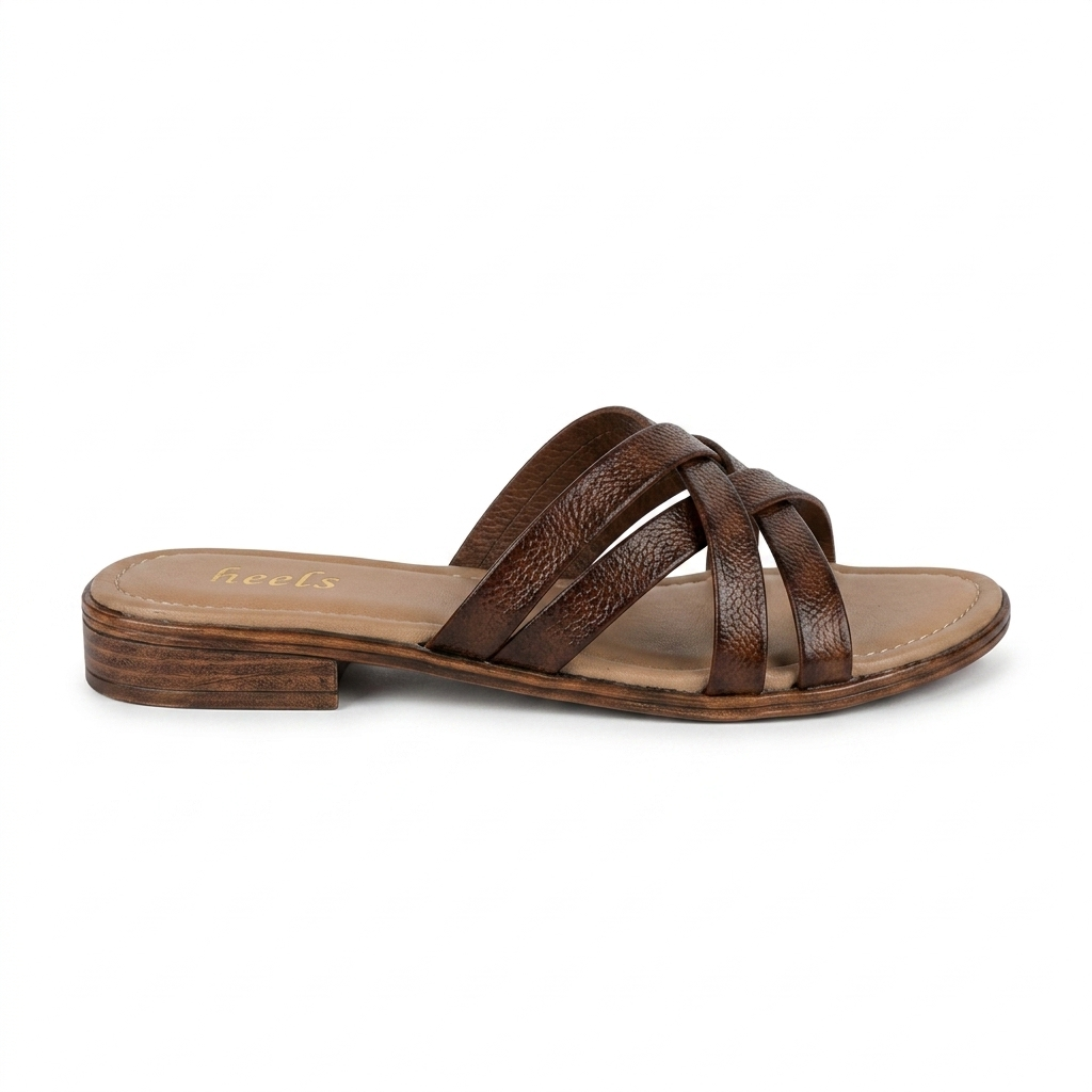 Woven Leather Flat Summer Slides Tan - Front View
