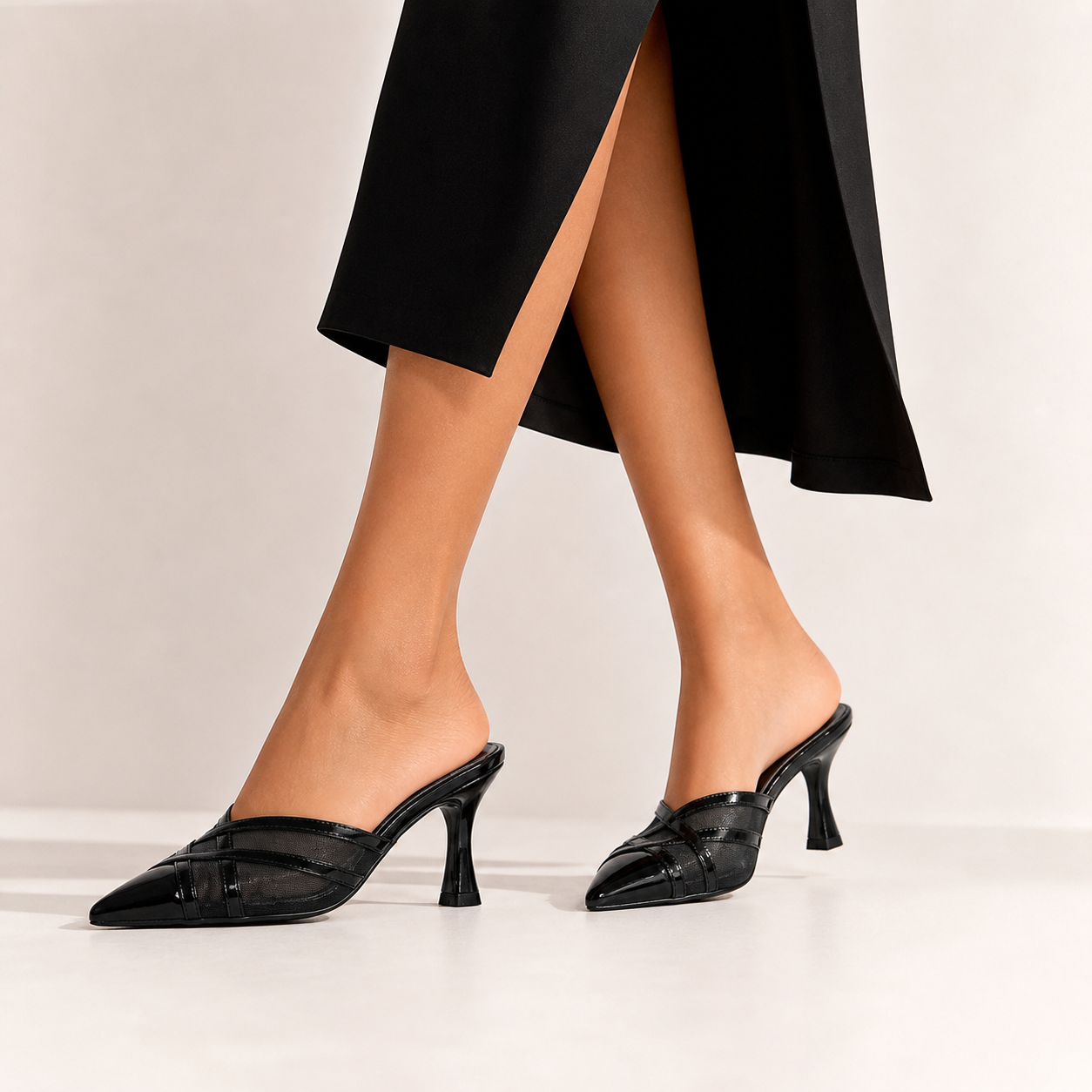 Audrey Criss Cross Back Open Mesh Patent Kitten Heel Mules