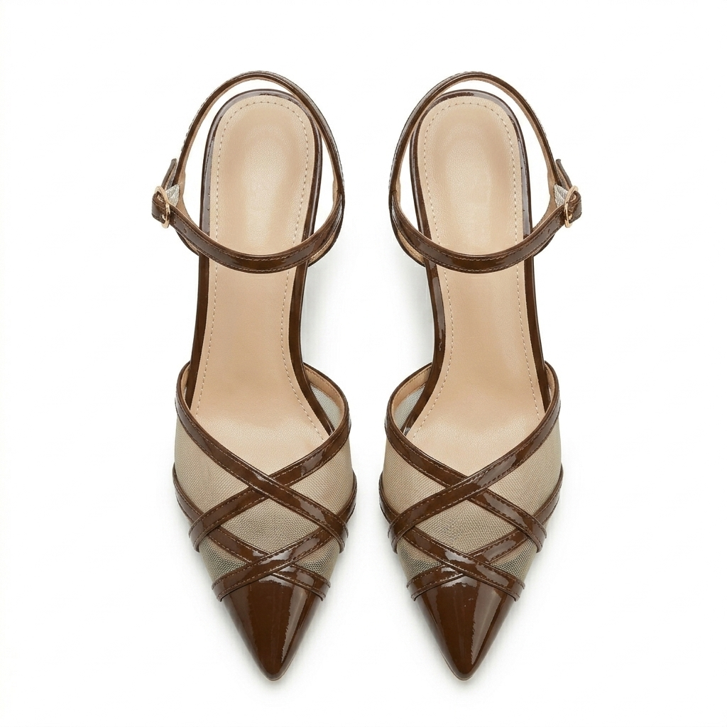 Emrata Criss Cross Mesh Patent Kitten Heels