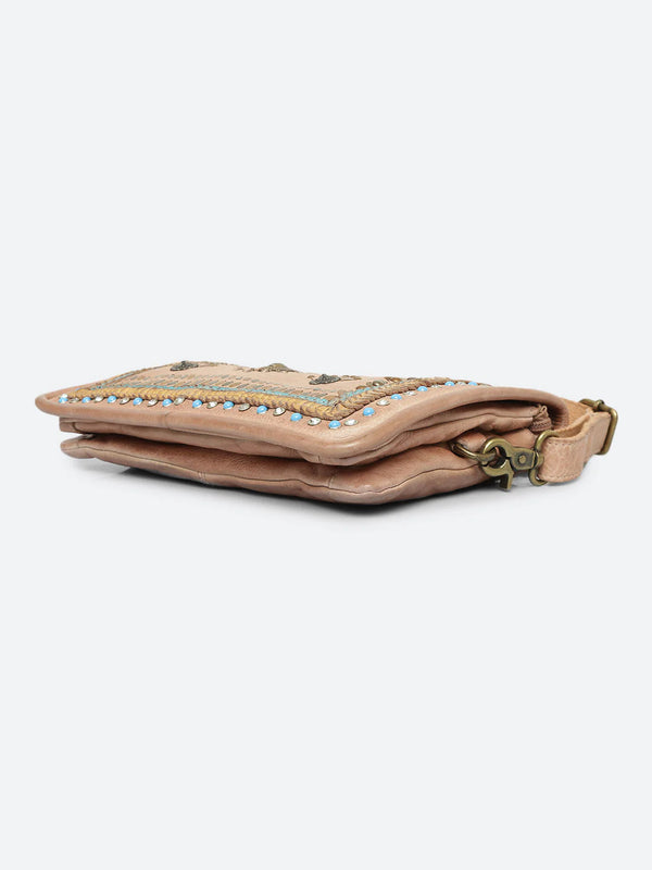 Savio : Embellished Leather Beige Crossbody Flap Bag