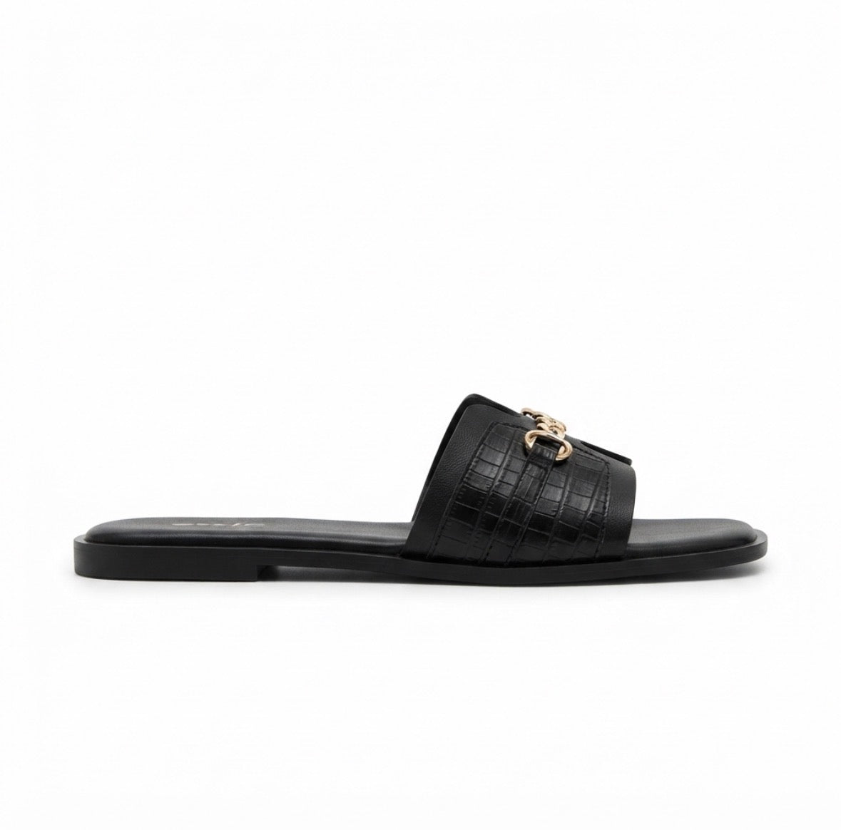 Julia Croco Chain Flat Summer Sliders in Black - The Heels India