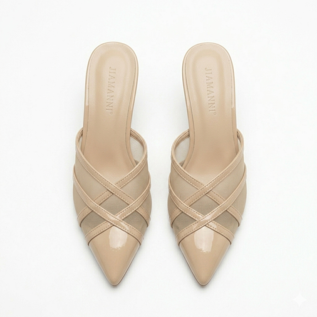 Audrey Criss Cross Back Open Mesh Patent Kitten Heel Mules