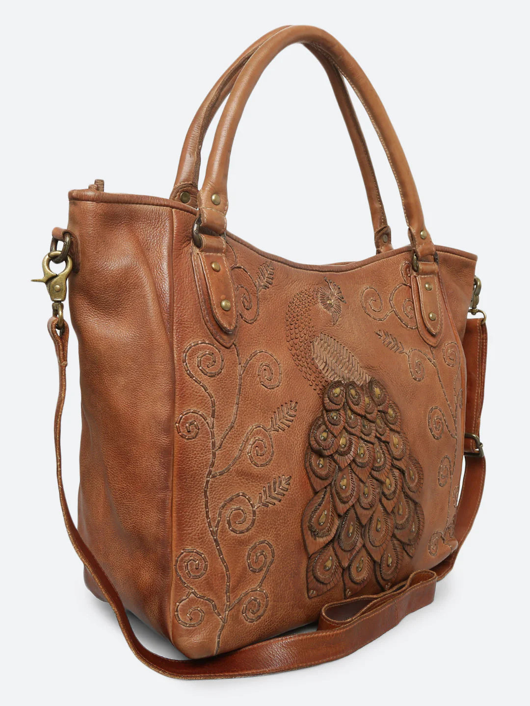 Genuine Cognac Leather Tote Bag with Patch Work