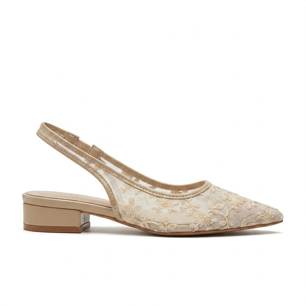 Carla Mesh Hand Embroidered Sling Back Pointed Ballerinas