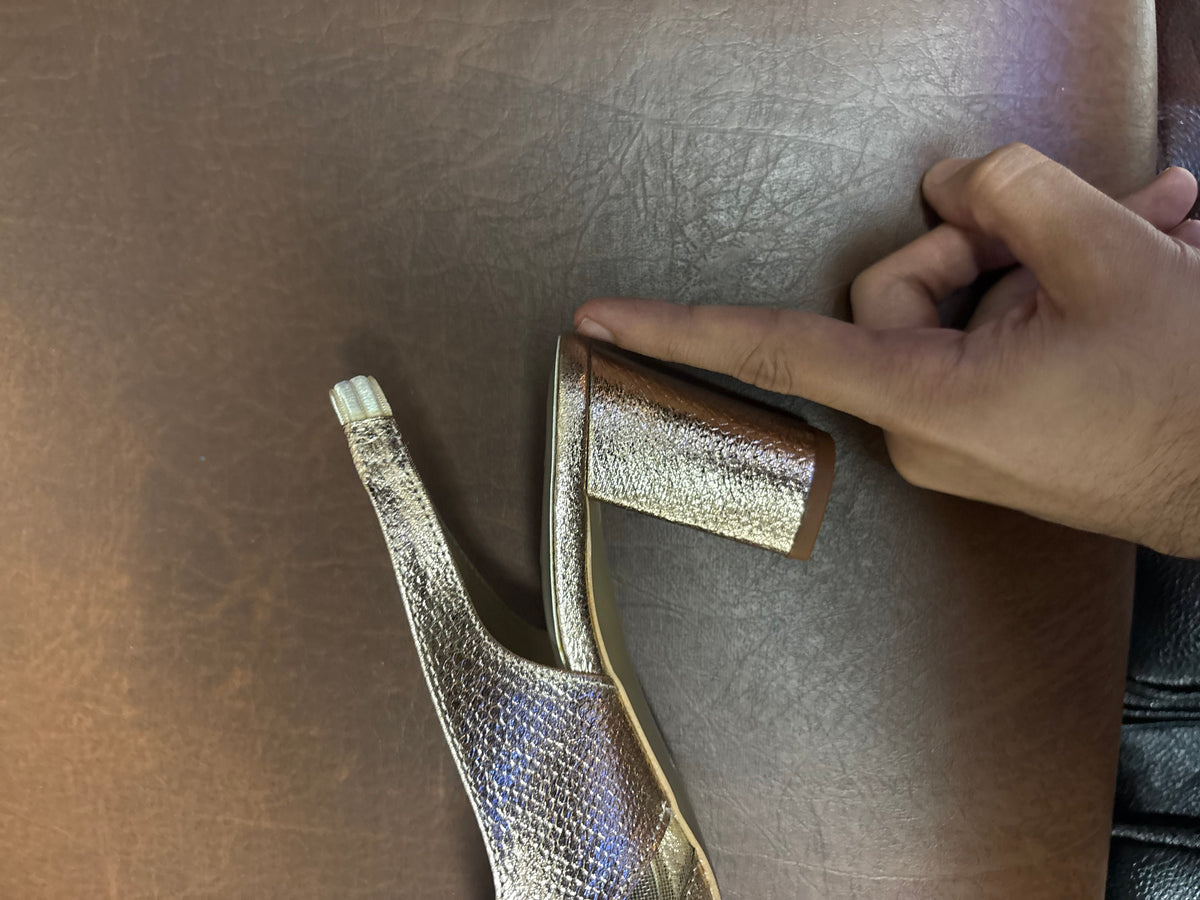 Delma Fancy Mesh Peep Toe Block Heel Sandals in Gold - The Heels India
