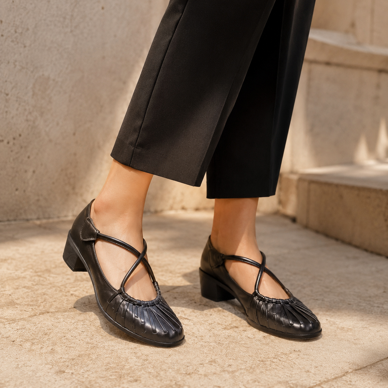 Rihanna Premium Leather Velcro Strap Block Heels