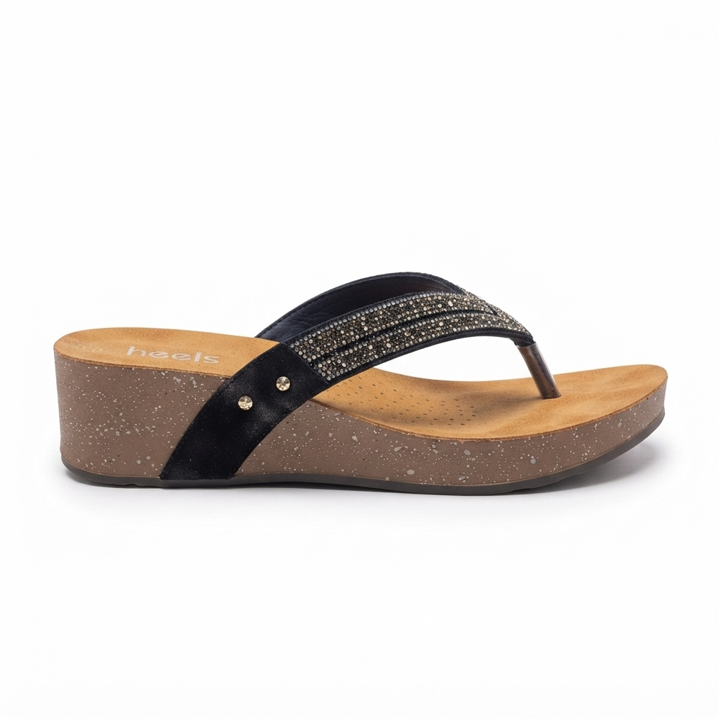 Chloe Bling V Strap Wedge Slippers in Black - The Heels India