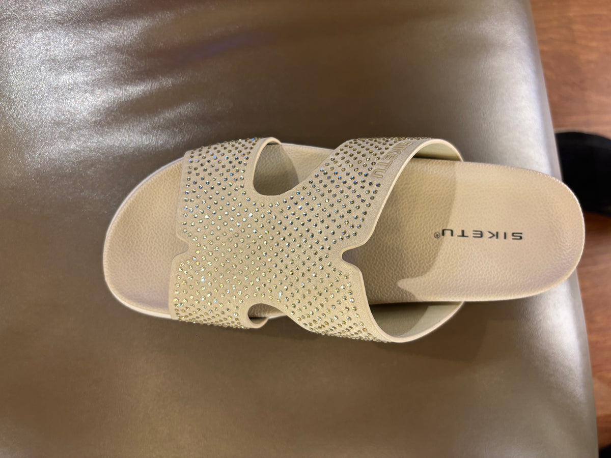 Ivoretta Bling Cushioned Chunky Slippers in Beige - The Heels India