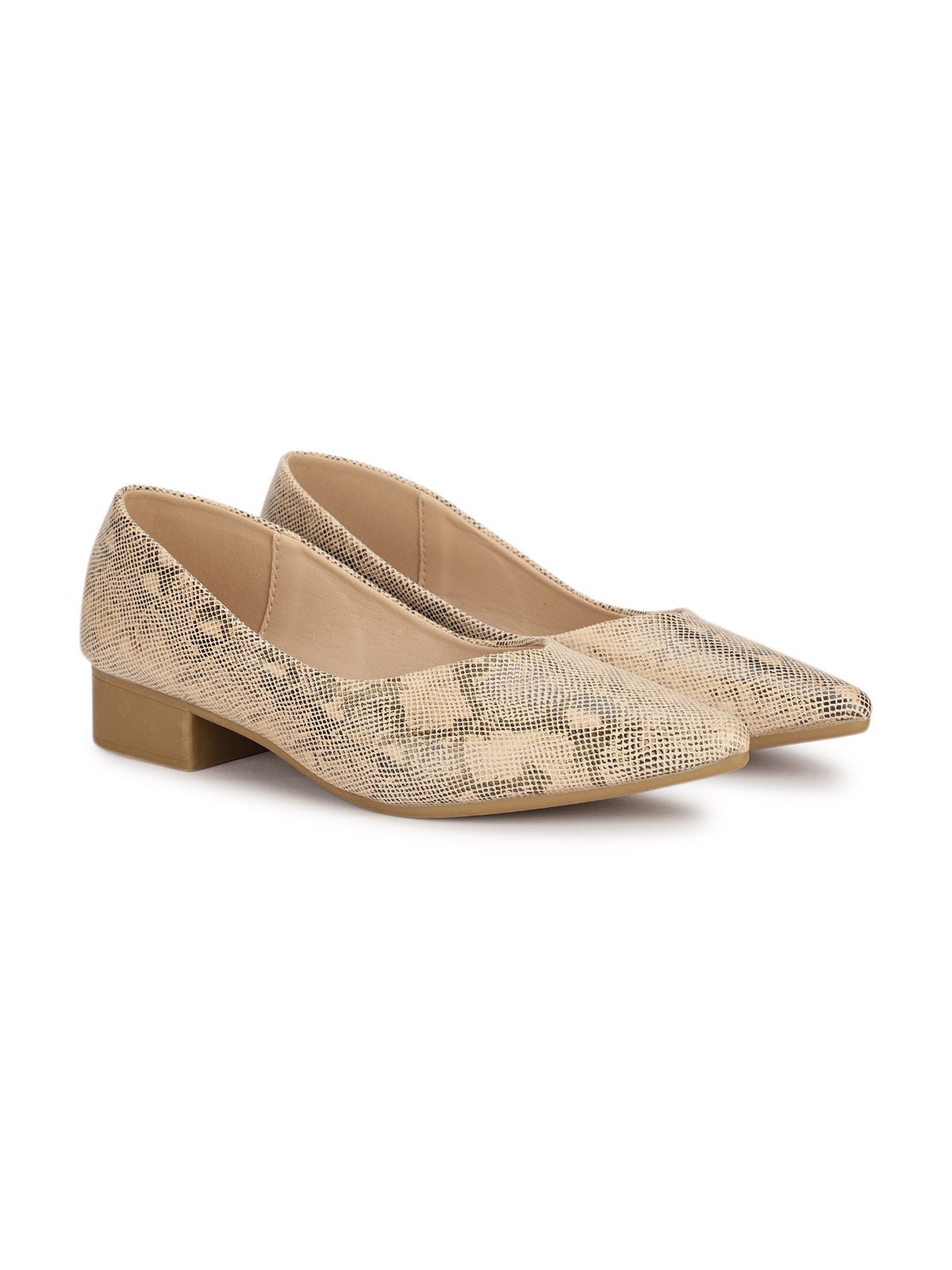 Pair of beige snake print shoes on a white background