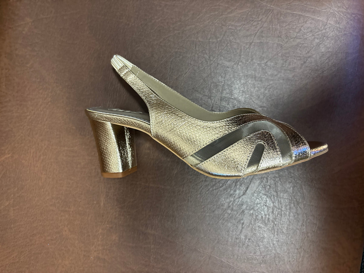 Delma Fancy Mesh Peep Toe Block Heel Sandals in Gold - The Heels India