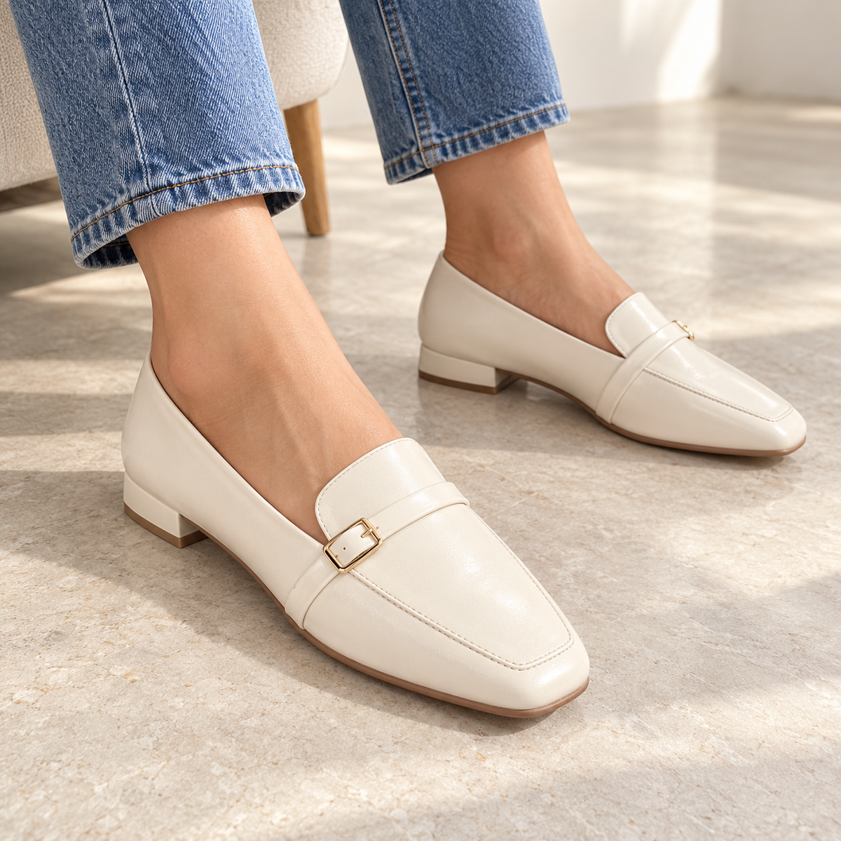 Paris Buckled Mid Heel Formal Loafers in Off White - The Heels India