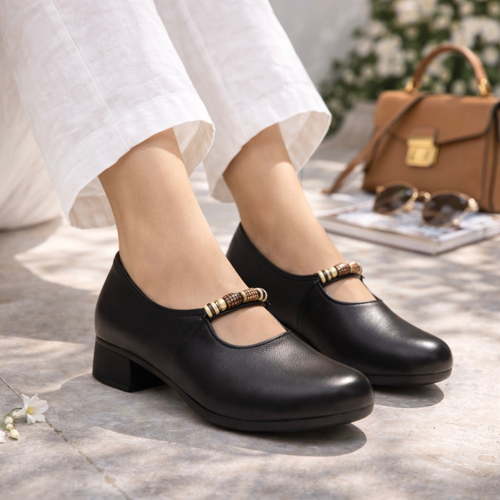 Rihanna Premium Leather Strap Mid Heel Loafers