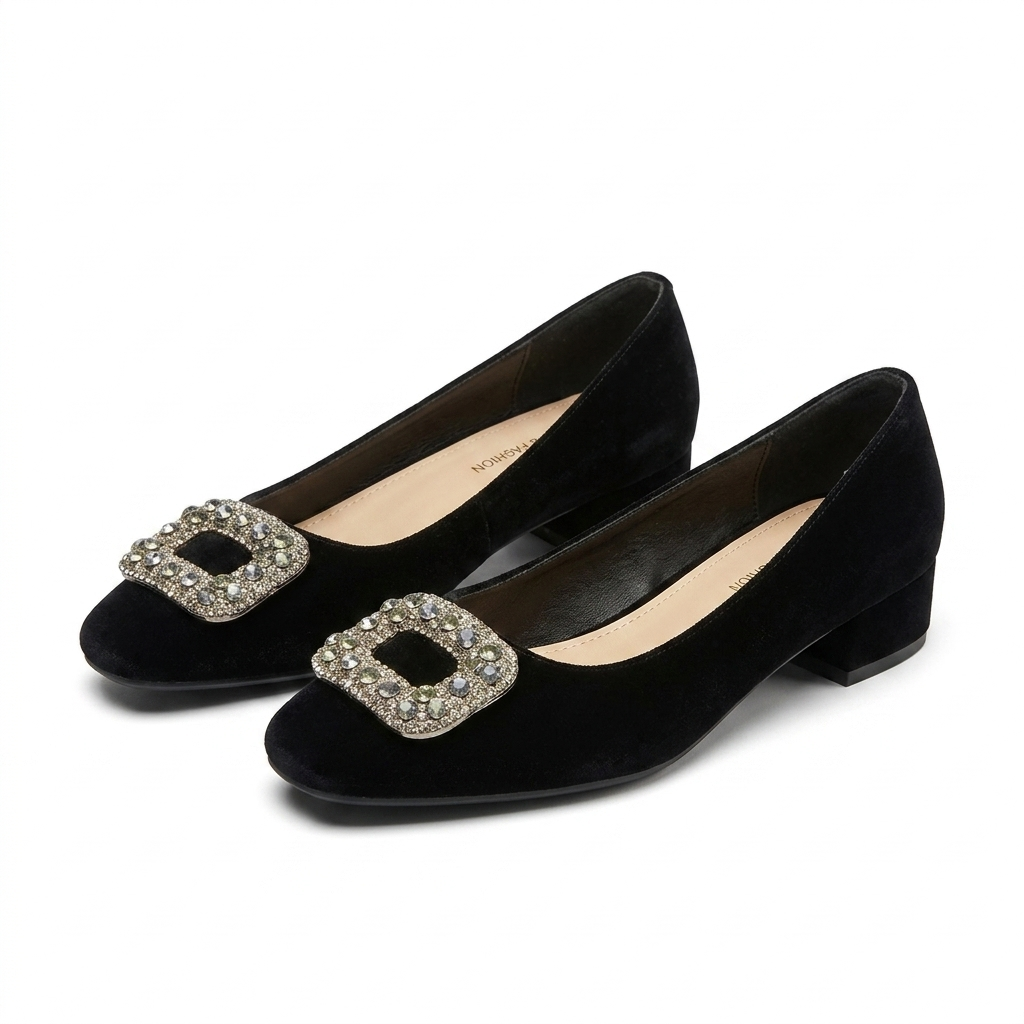 Eilish Velvet Block Heel Bling Pumps