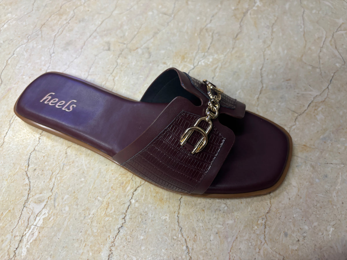 Julia Croco Chain Flat Summer Sliders in Wine - The Heels India