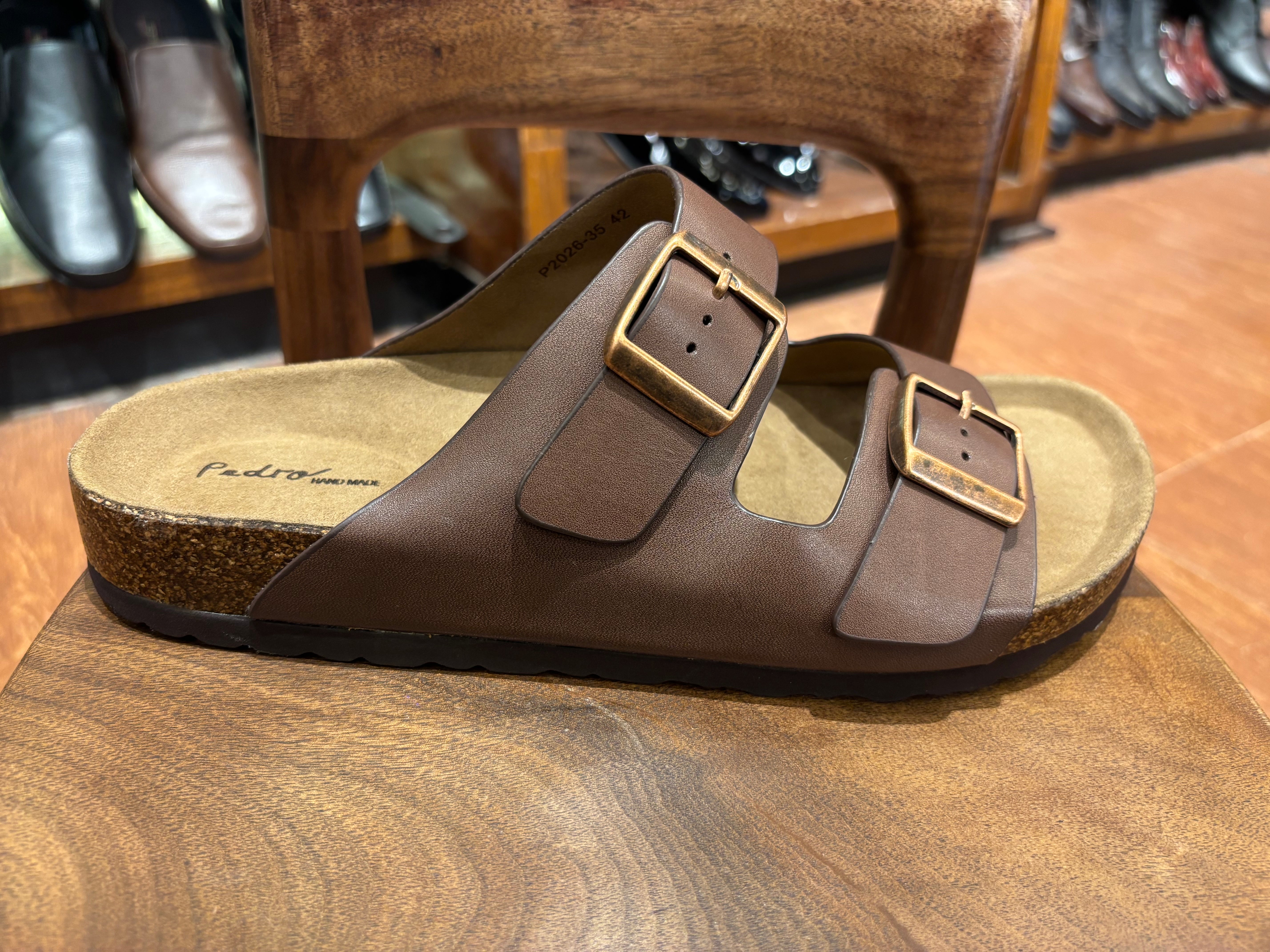 Moda Coffee Brown Leather Cork Sliders - Pair Shot