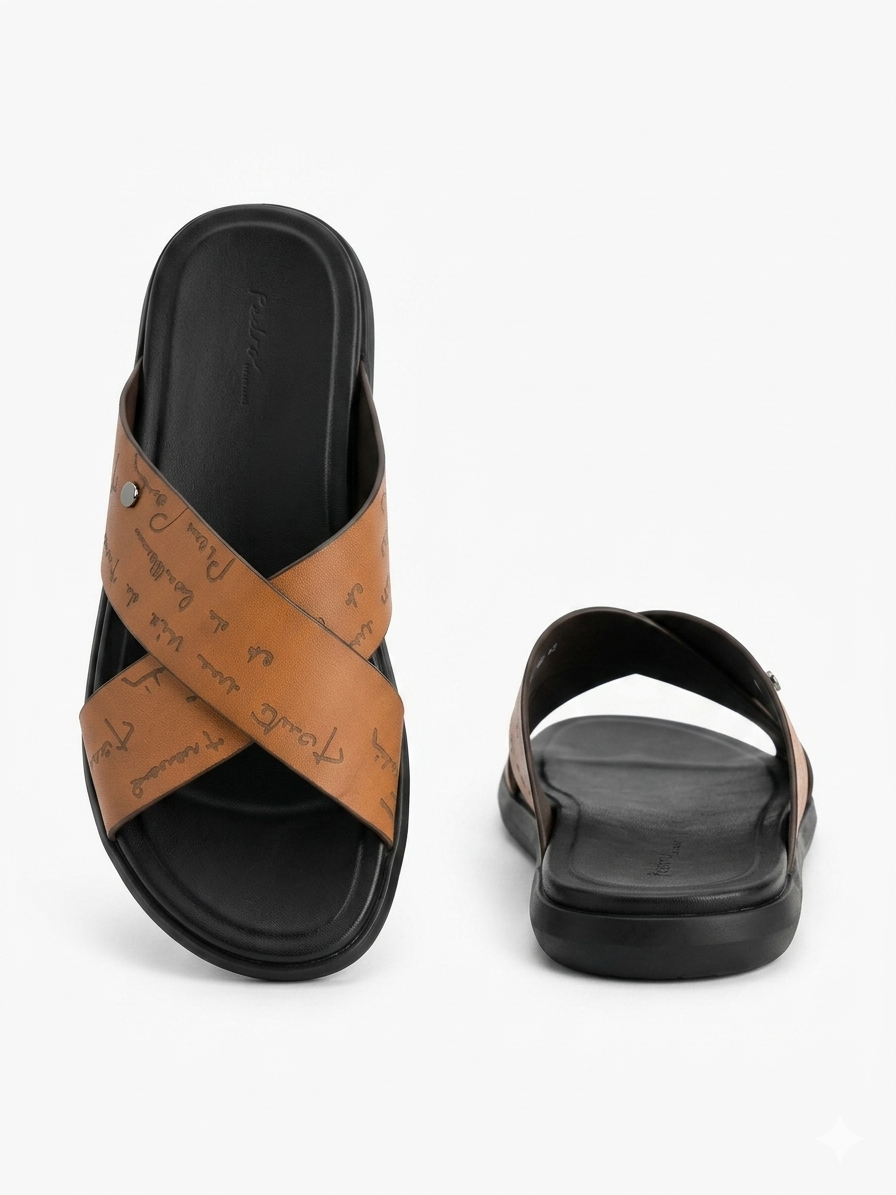 Lucas Premium Engraved Leather Double Strap Cross Slippers