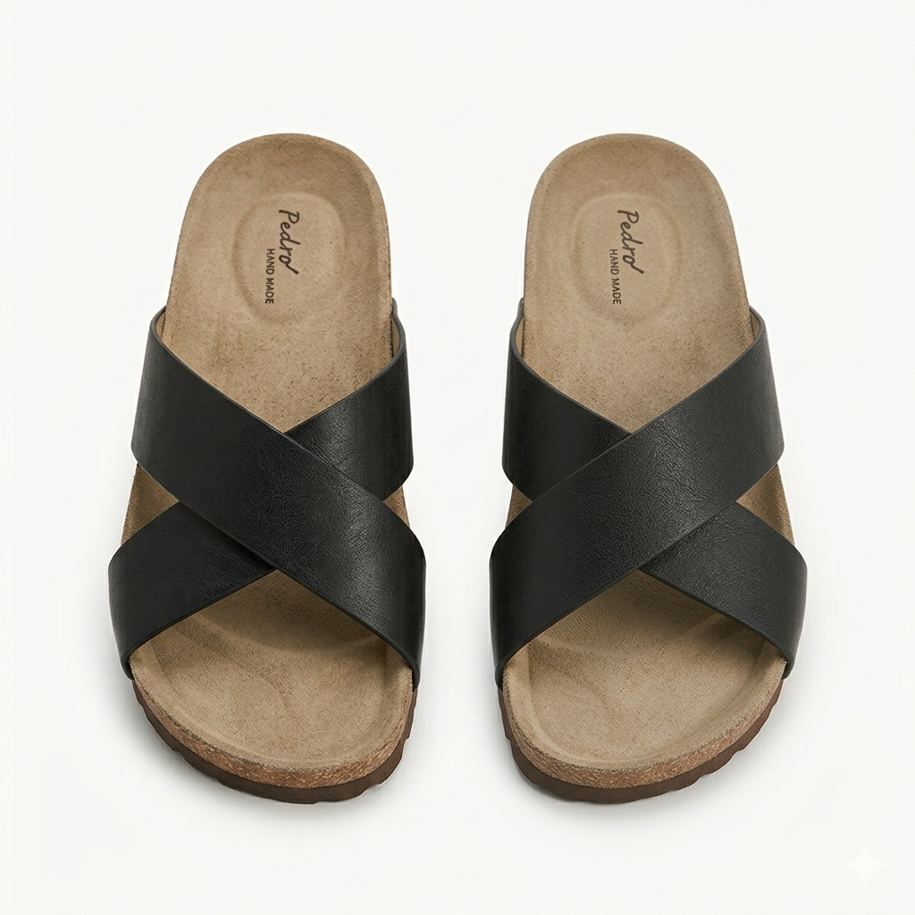 Edward Black Cross Cork Slippers - Side Profile
