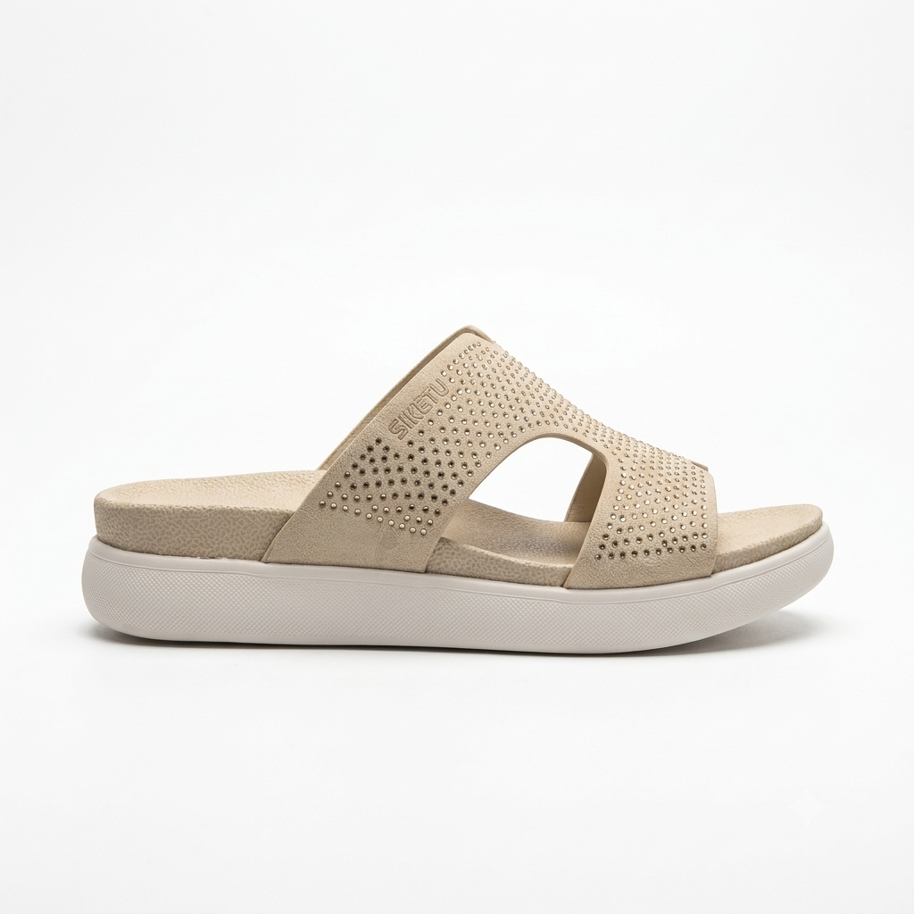 Ivoretta Bling Cushioned Chunky Slippers in Beige - The Heels India