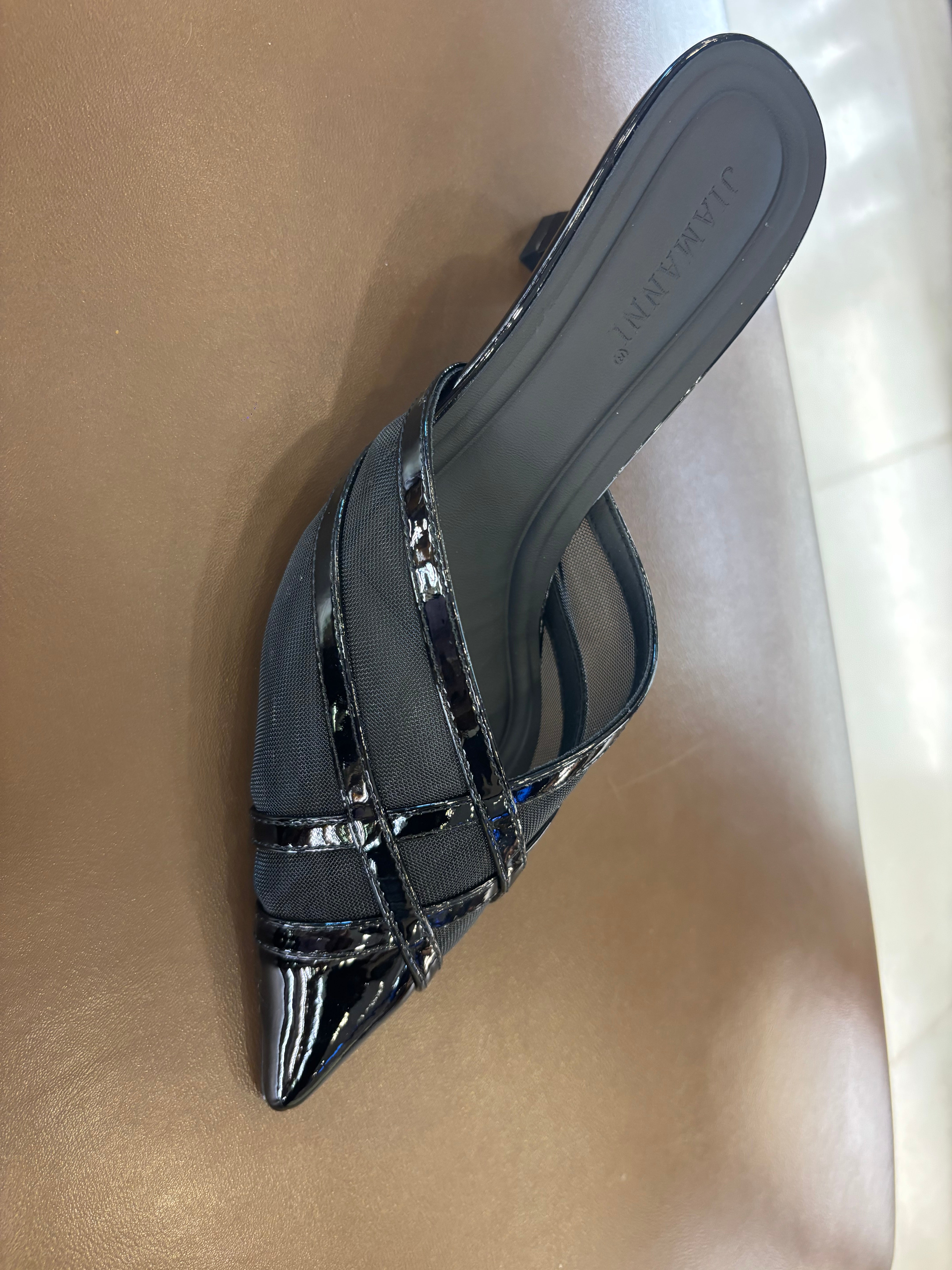 Audrey Criss Cross Back Open Mesh Patent Kitten Heel Mules
