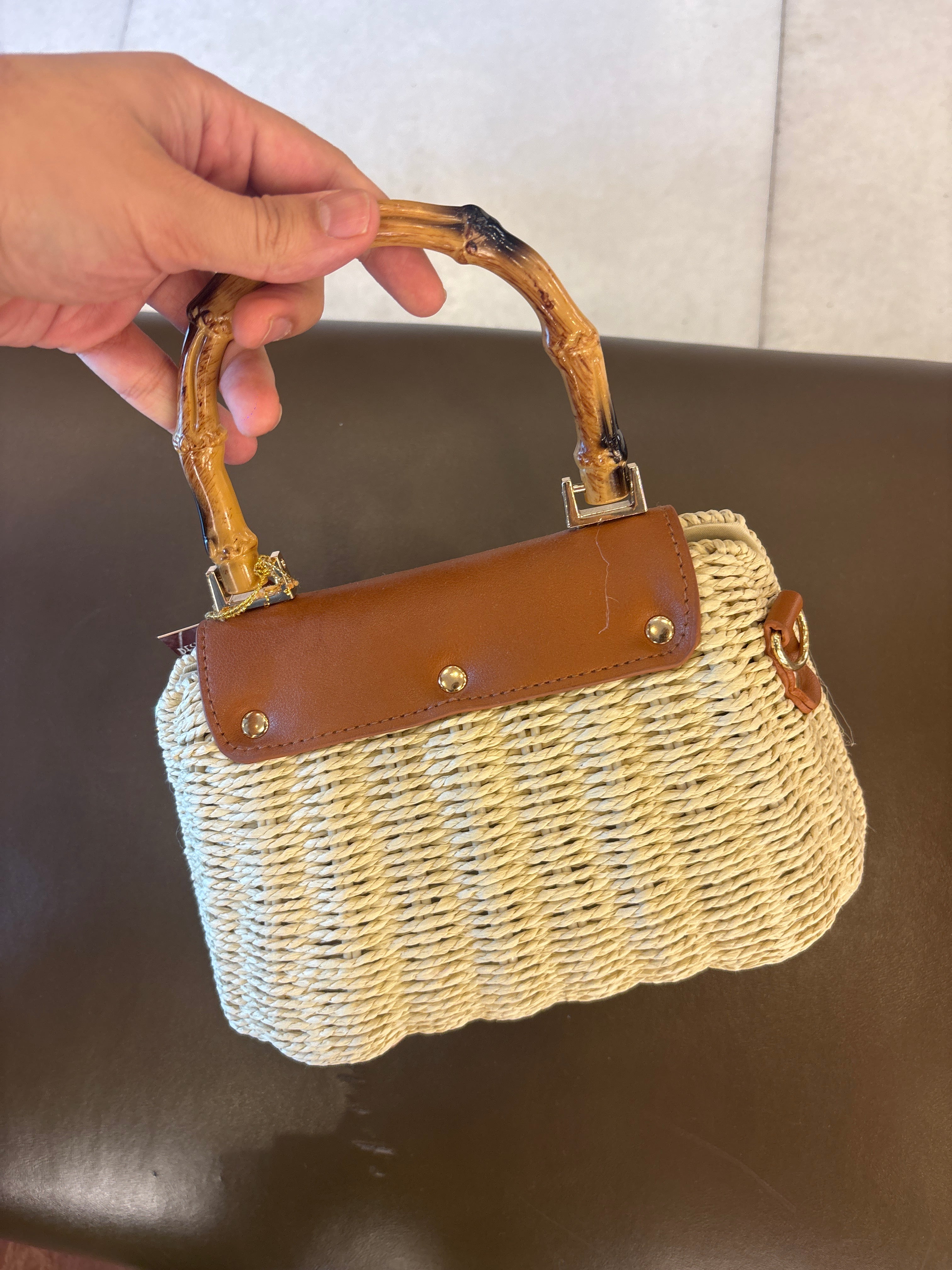 Wooden Handle Boho Straw Sling Bags