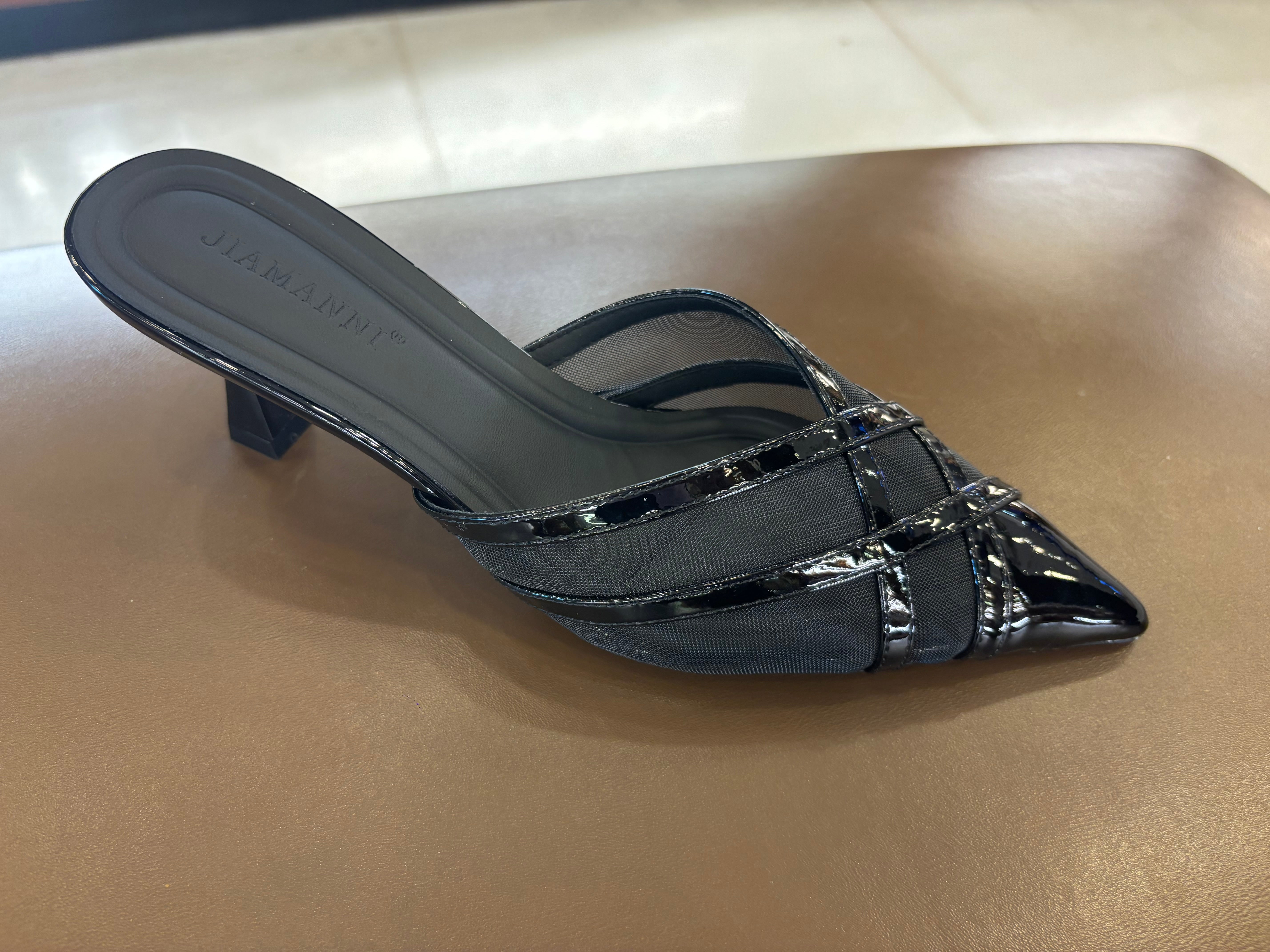 Audrey Criss Cross Back Open Mesh Patent Kitten Heel Mules