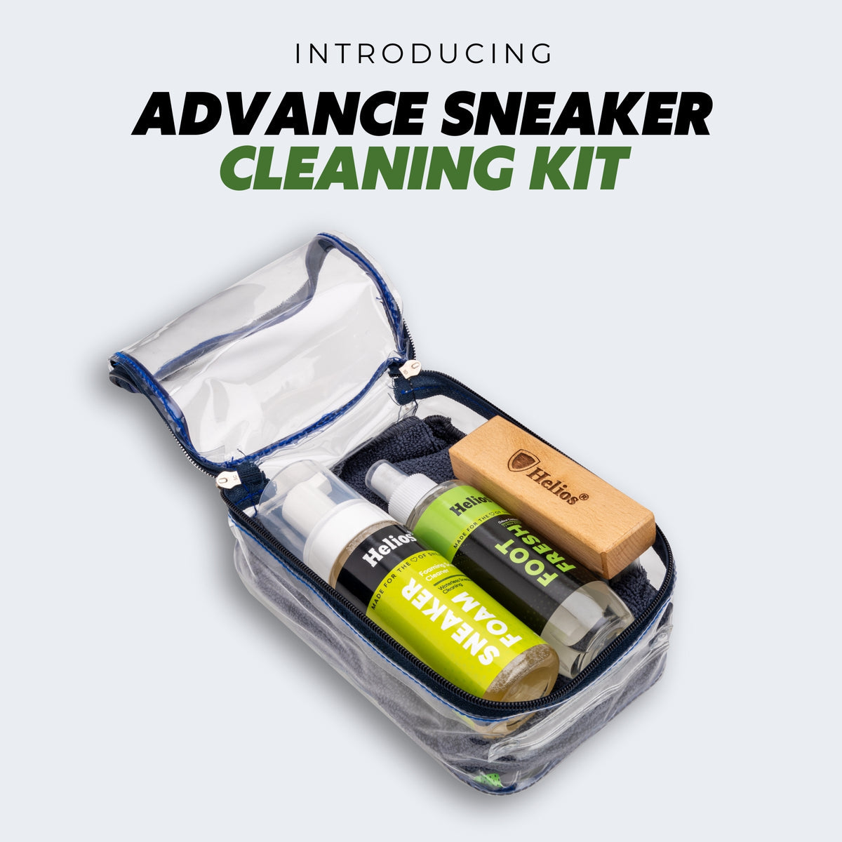 HELIOS ADVANCED SPORT & SNEAKER CLEANER KIT WITH MICRO FIBER CLOTH & FOOT FRESH.