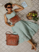 Savio: Leather Embellished Cognac Crossbody Flap Bag