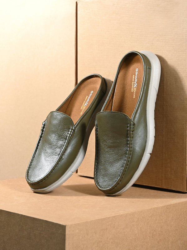 Zero Gravity Olive Leather Slip-On Mules