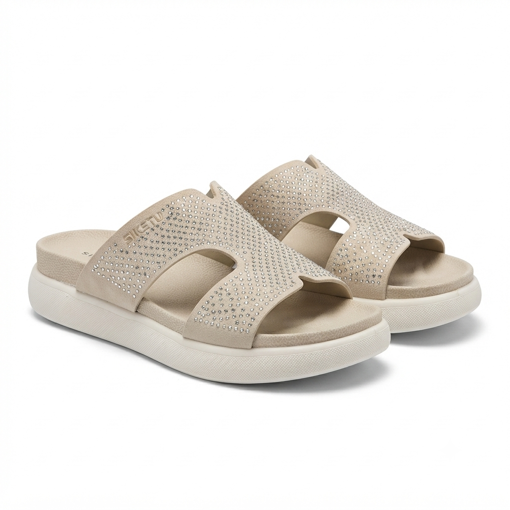 Ivoretta Bling Cushioned Chunky Slippers in Beige - The Heels India