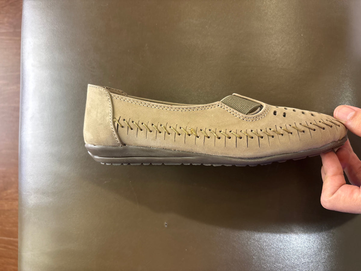 Paulina Nubuk Perforated Leather Ballerinas in Chikoo - The Heels India