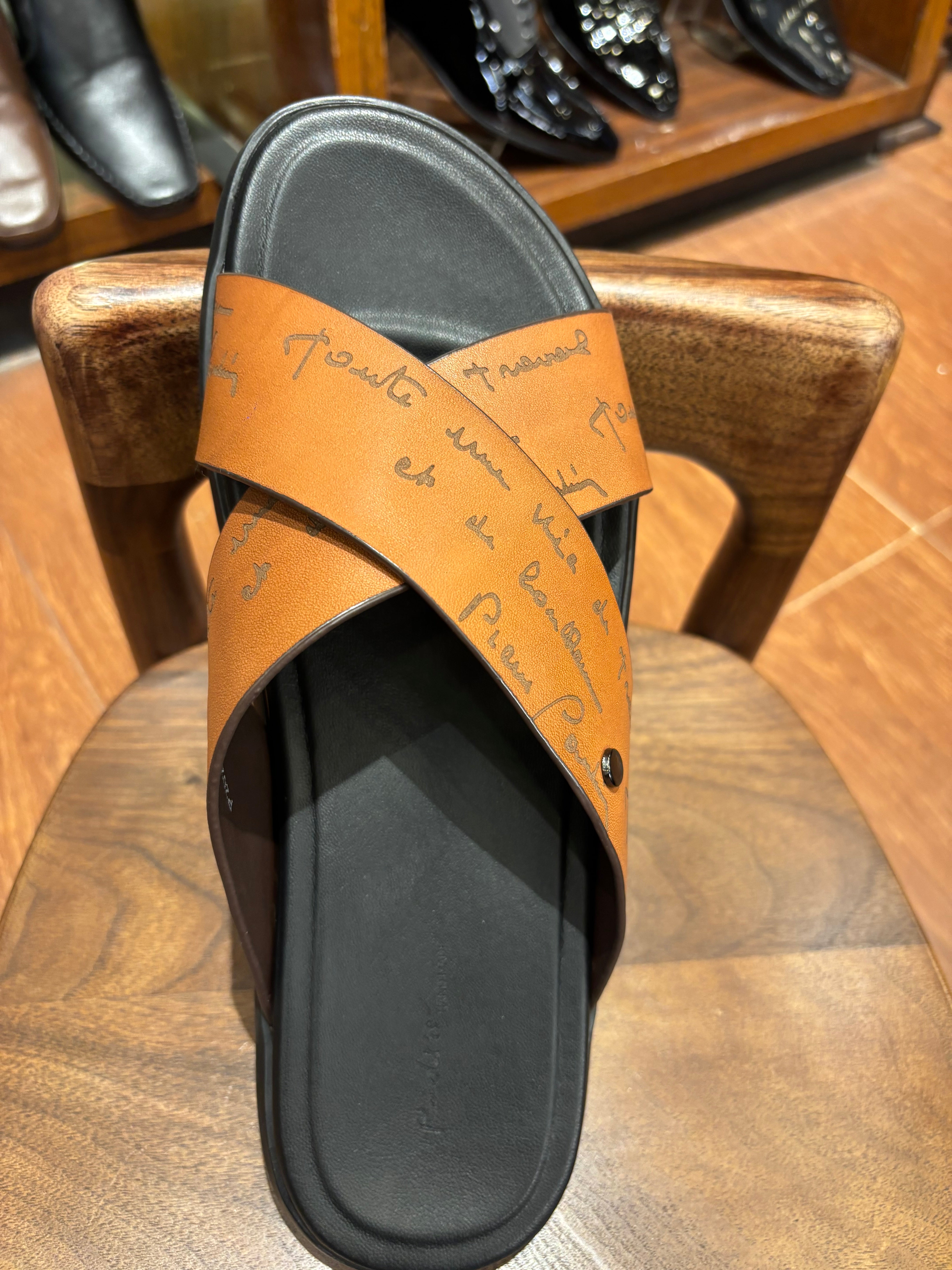 Lucas Premium Engraved Leather Double Strap Cross Slippers