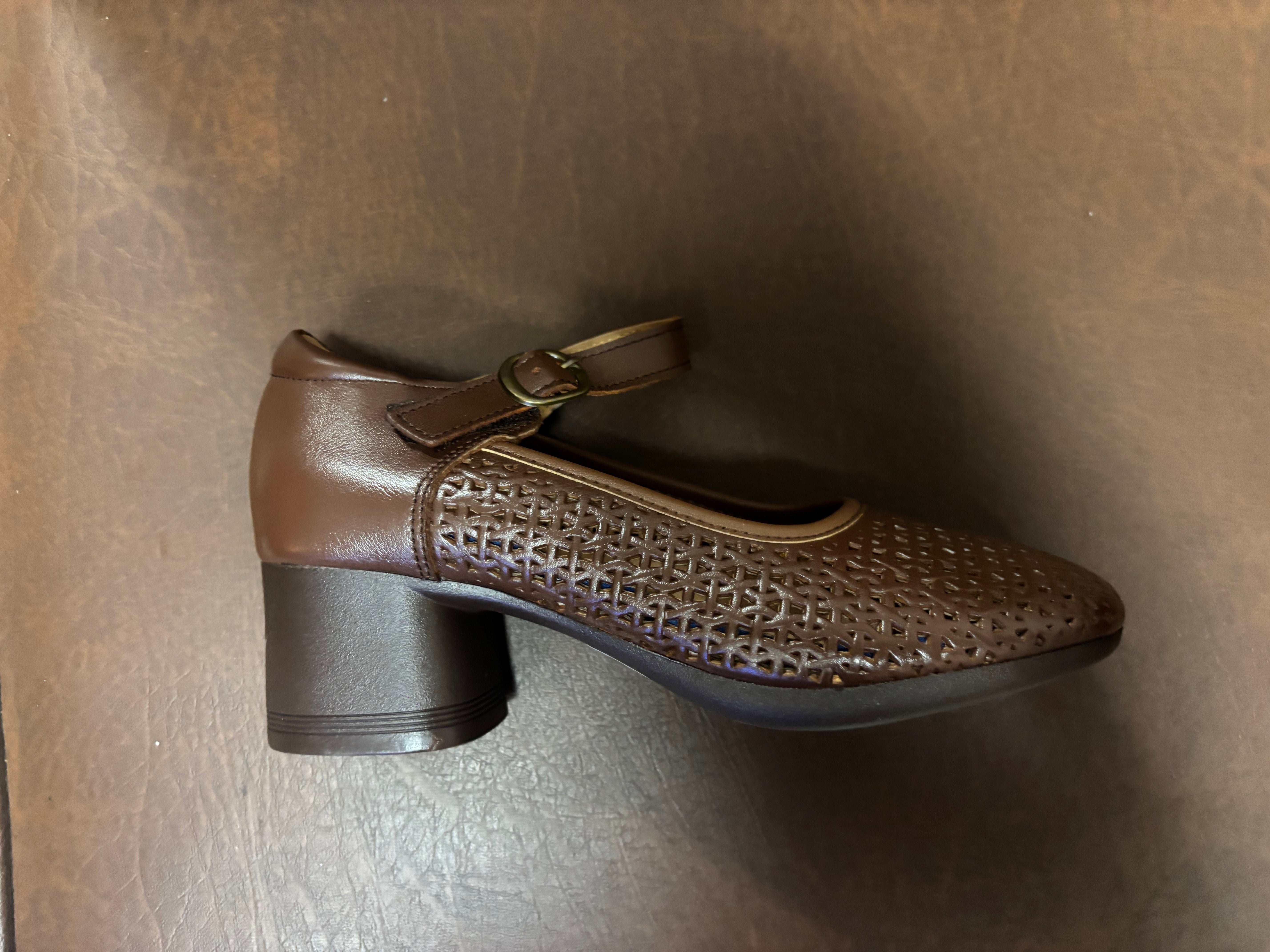 Reya Premium Leather Perforated Ankle Strap Block Heel Sandals