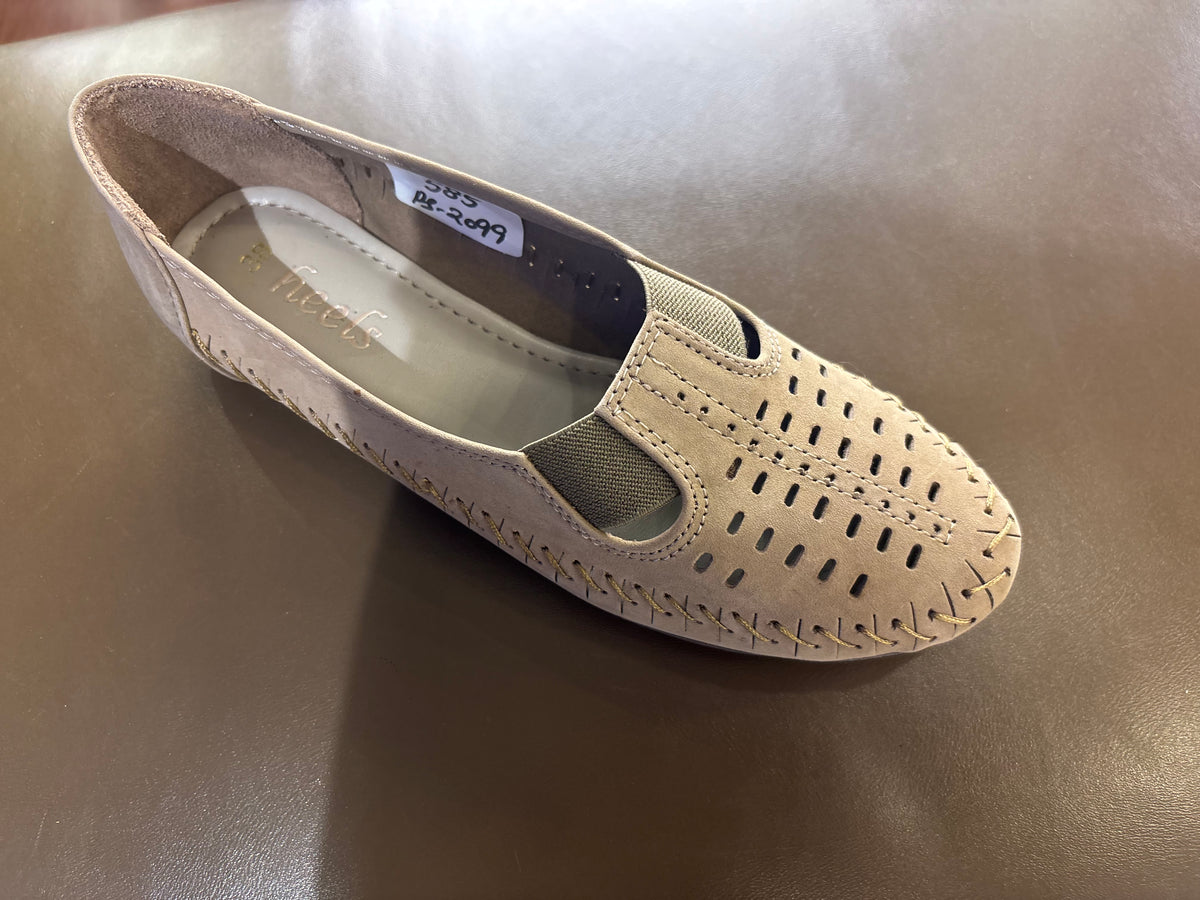 Paulina Nubuk Perforated Leather Ballerinas in Chikoo - The Heels India