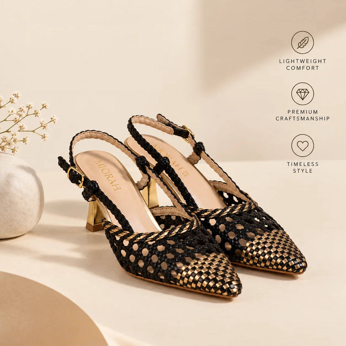 LYRA Premium Leather Weaving Ankle Strap Kitten Heels