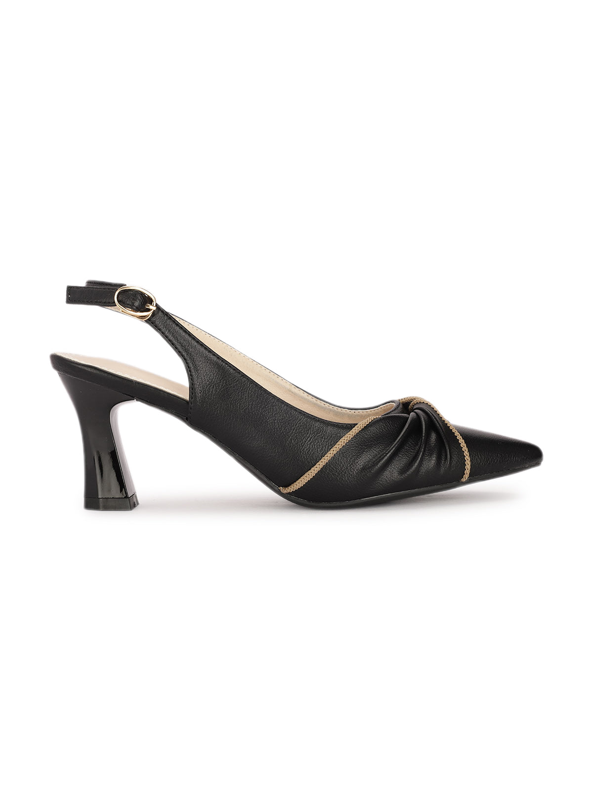 Black high-heeled shoe with a bow detail on a white background