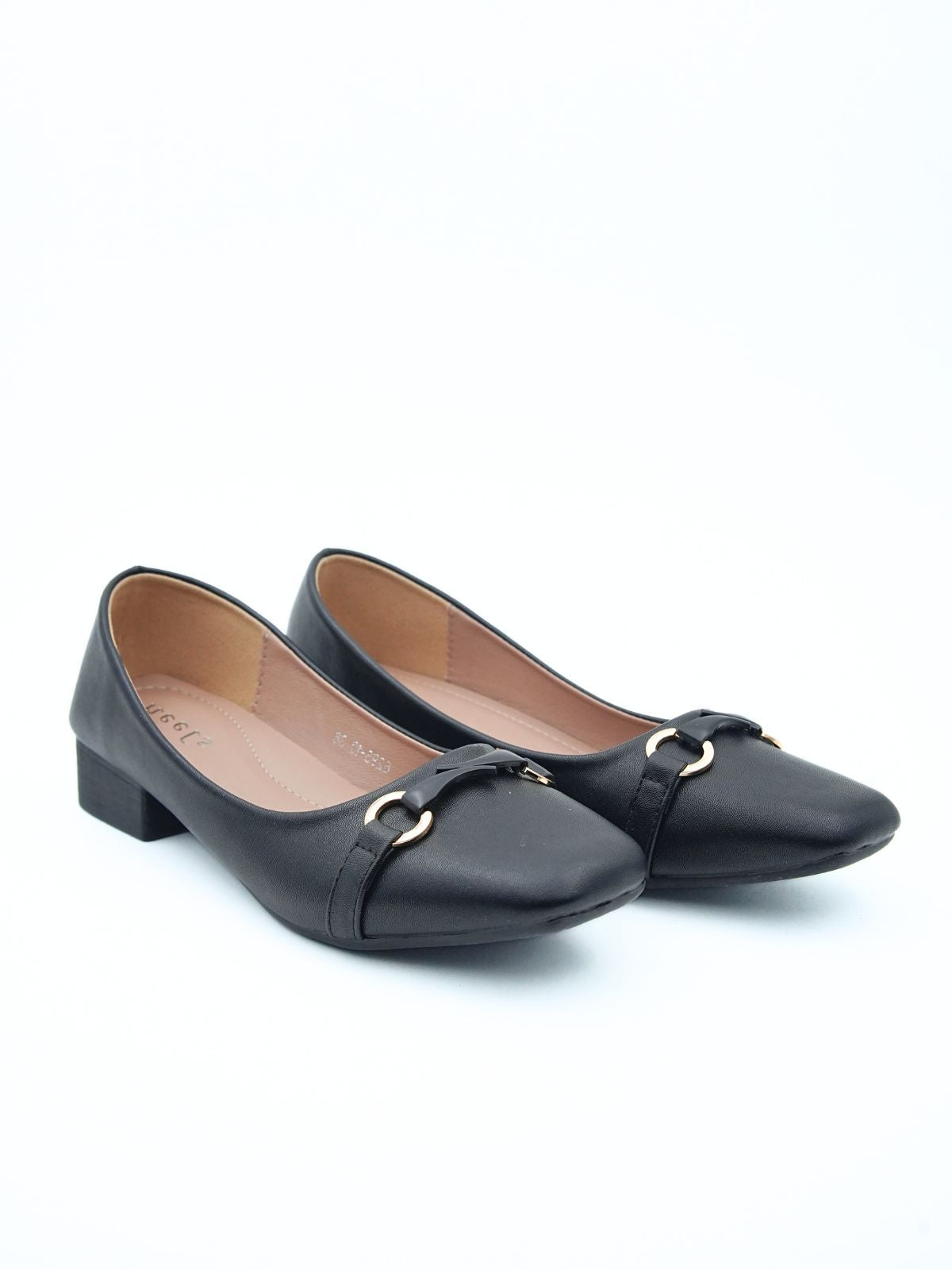 Pair of black shoes with gold buckles on a white background
