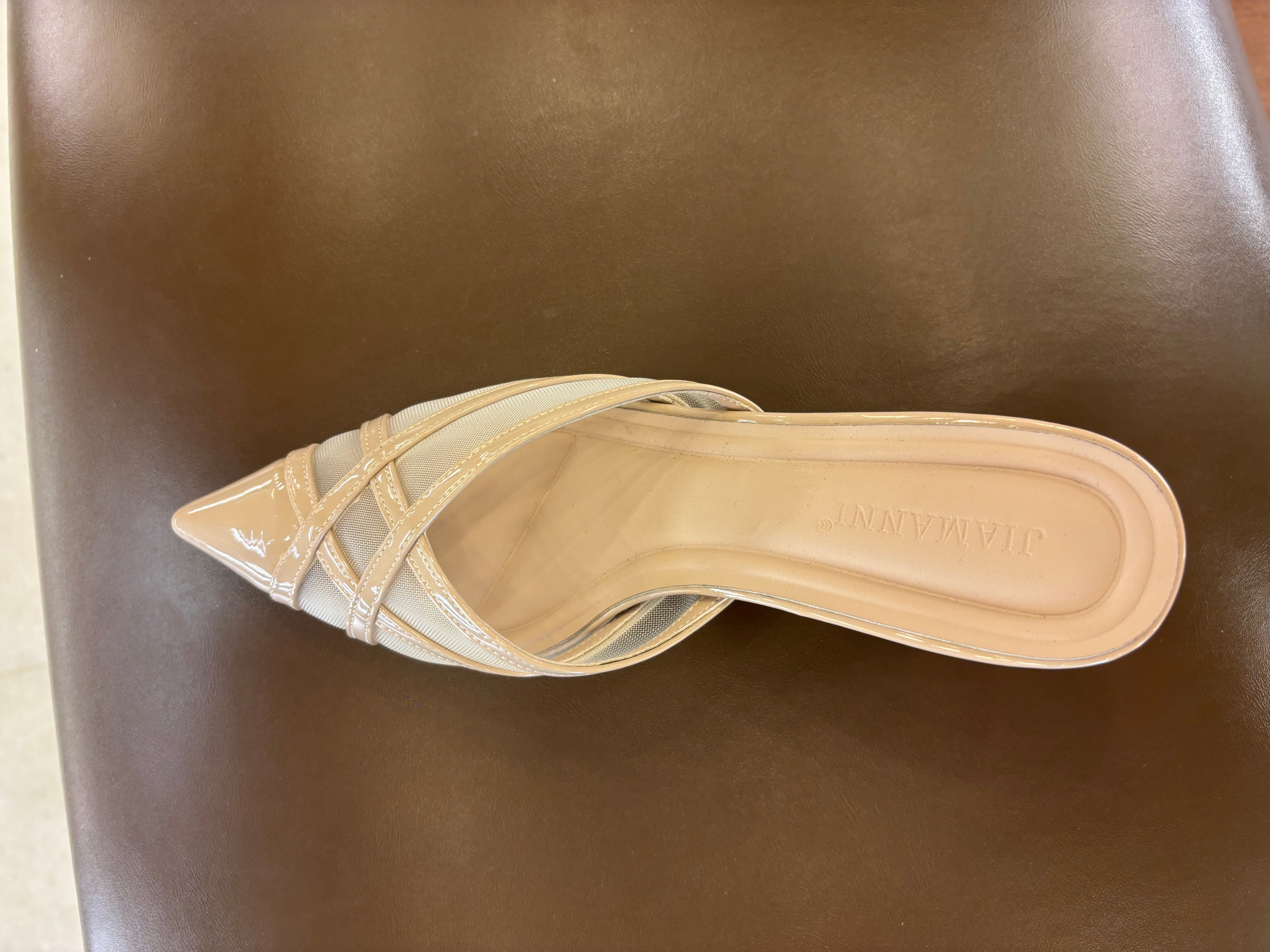 Audrey Criss Cross Back Open Mesh Patent Kitten Heel Mules