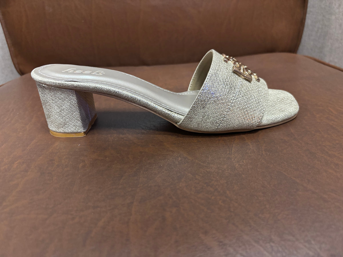 Klara Slip On Block Heel Mules in Gold - The Heels India